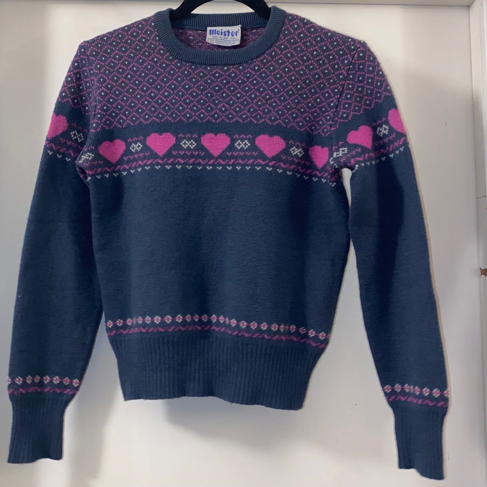 Meister Vintage Wool Sweater Navy Pink Hearts Nordic Fair Isle Knit Women Small